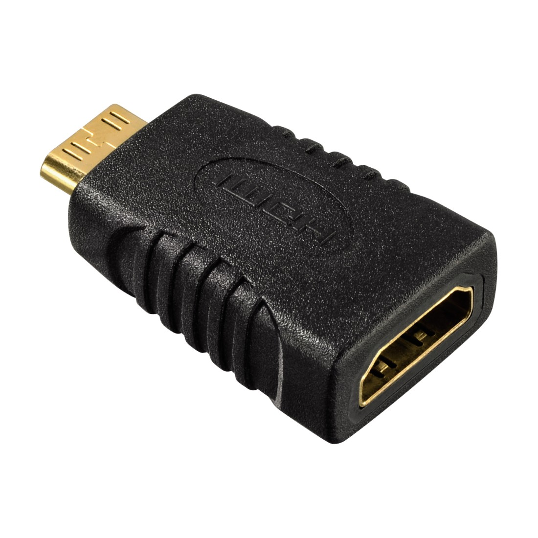 Schwarzer HDMI-Adapter mit goldfarbenen Anschlüssen.