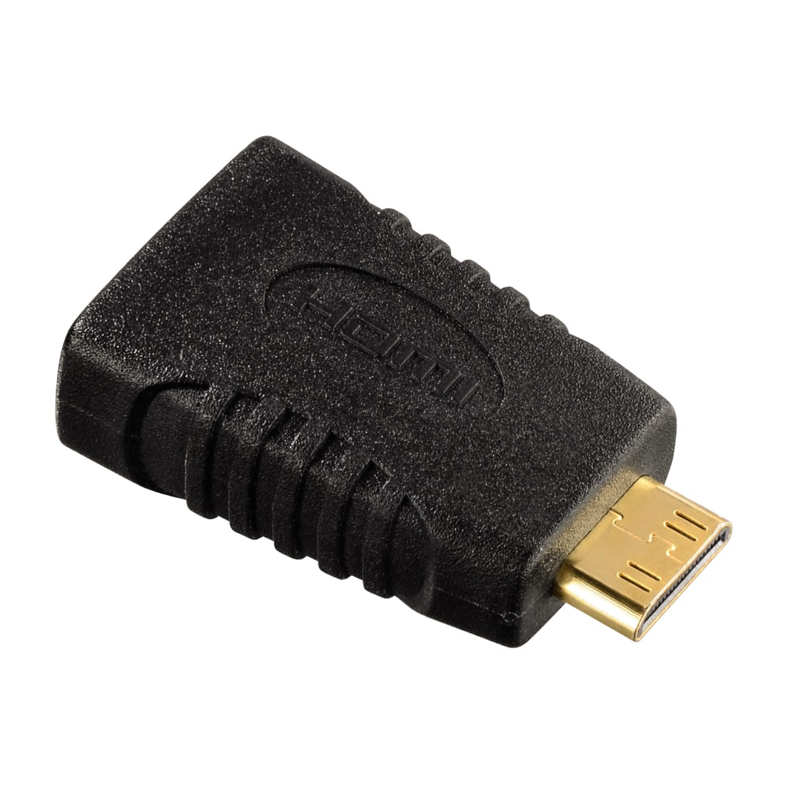 Ein kleiner schwarzer HDMI-Adapter mit einem goldfarbenen HDMI-Anschluss.