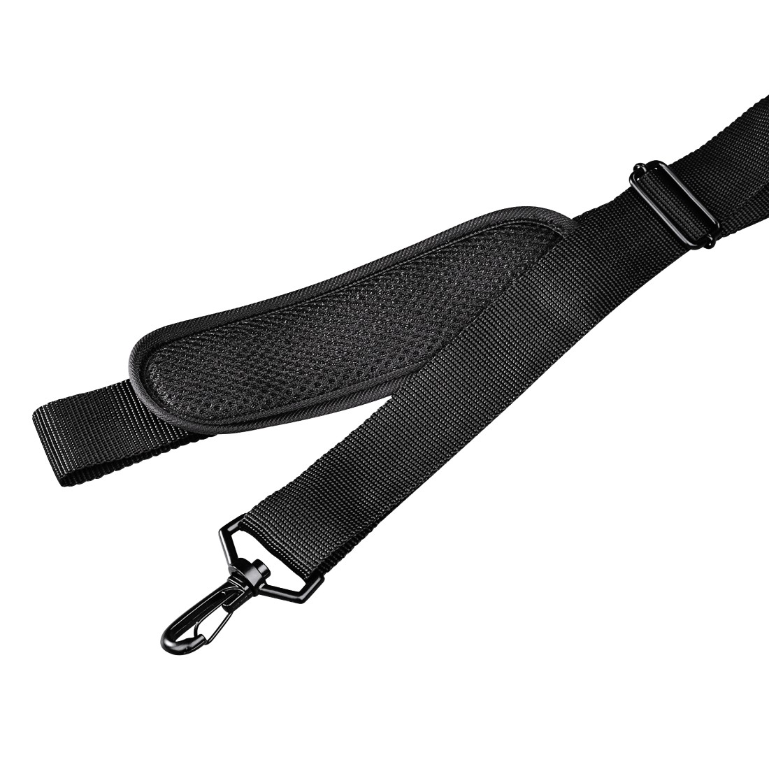 A black camera strap with a padded shoulder rest and a metal hook on a white background, close up shot.