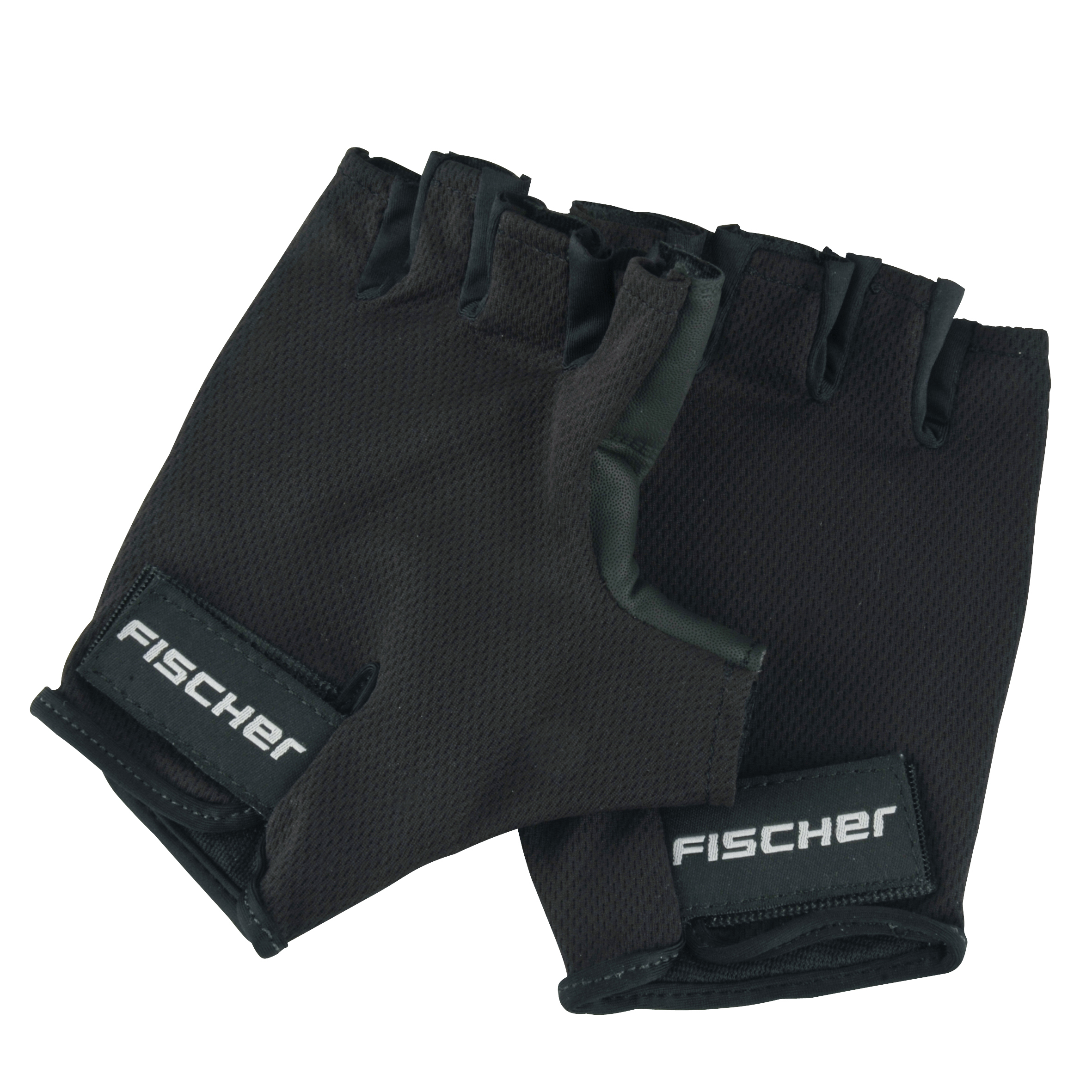 Schwarze Fischer-Radhandschuhe, fingerloses Design, mit Fischer-Logo auf den Handgelenkbändern.