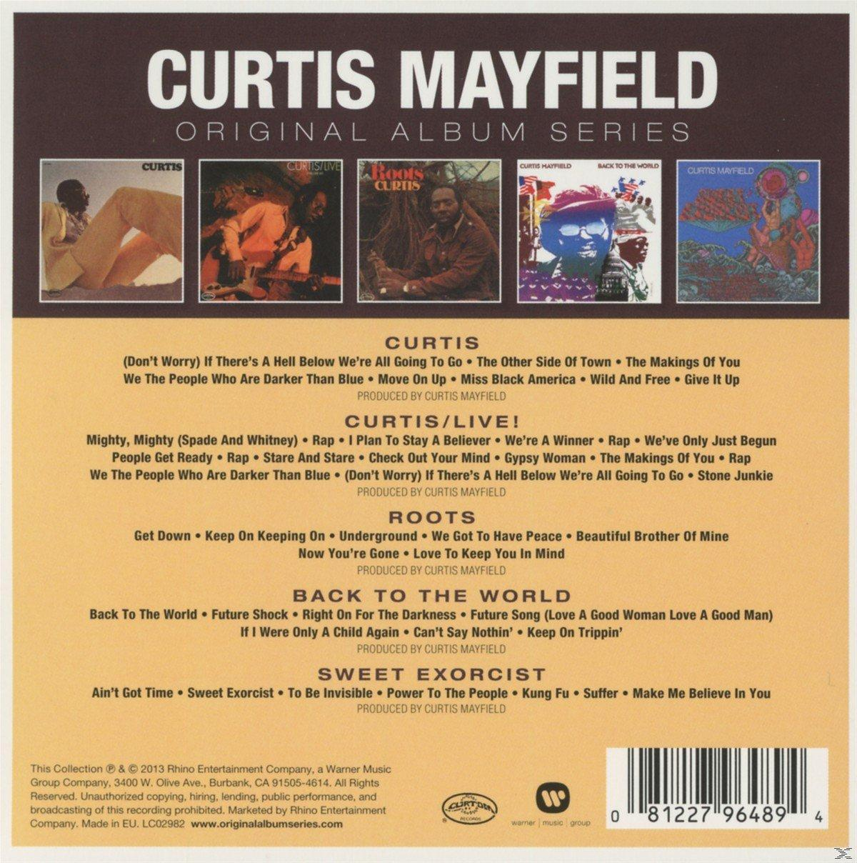 Rückseite einer Curtis Mayfield Albumsammlung. Songtitel, Credits und Bilder sind aufgeführt.