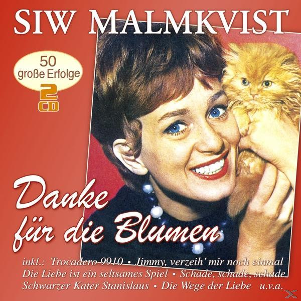 Albumcover mit Siw Malmkvist mit einem Kätzchen. Text: 'Danke für die Blumen'. Roter und weißer Hintergrund.