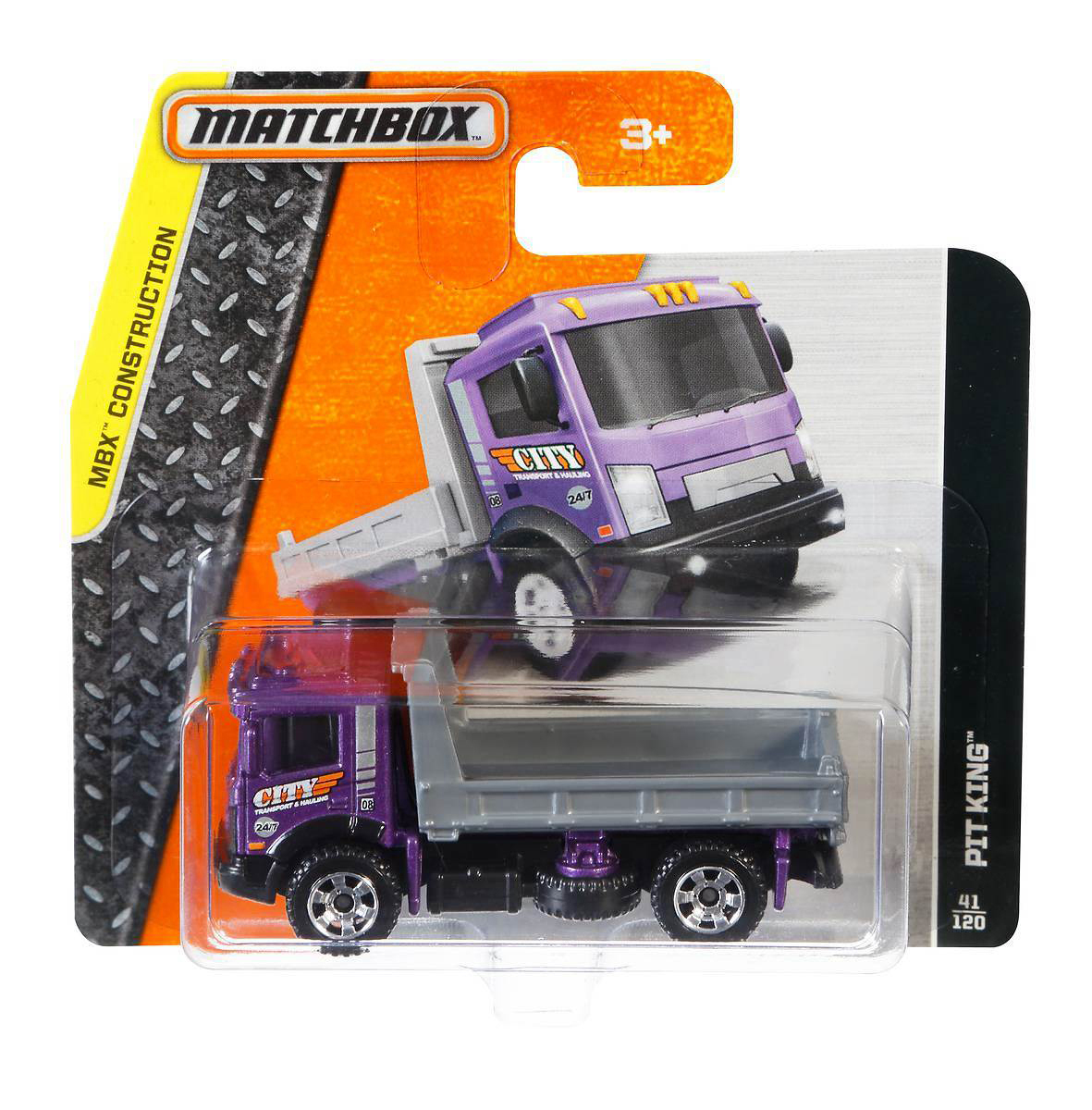 Matchbox-Spielzeug-LKW in Verpackung. Lila LKW mit grauer Ladefläche. Etikett: MBX Construction, Pit King.