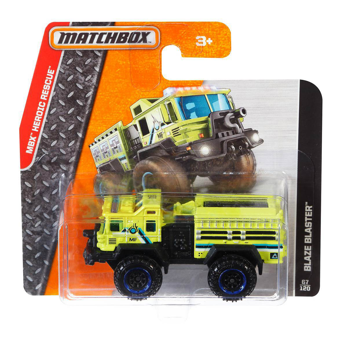 Matchbox-Spielzeug-LKW in Blisterpackung, mit grünem und gelbem LKW.