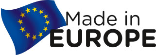 Logo: Blaue EU-Flagge mit Sternen und schwarzem Text 'Made in EUROPE'.