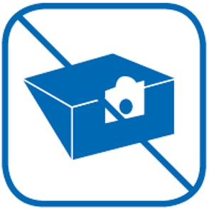 Blaues Quadrat mit durchgestrichenem weißem Kamera-Symbol, was Fotografierverbot anzeigt.