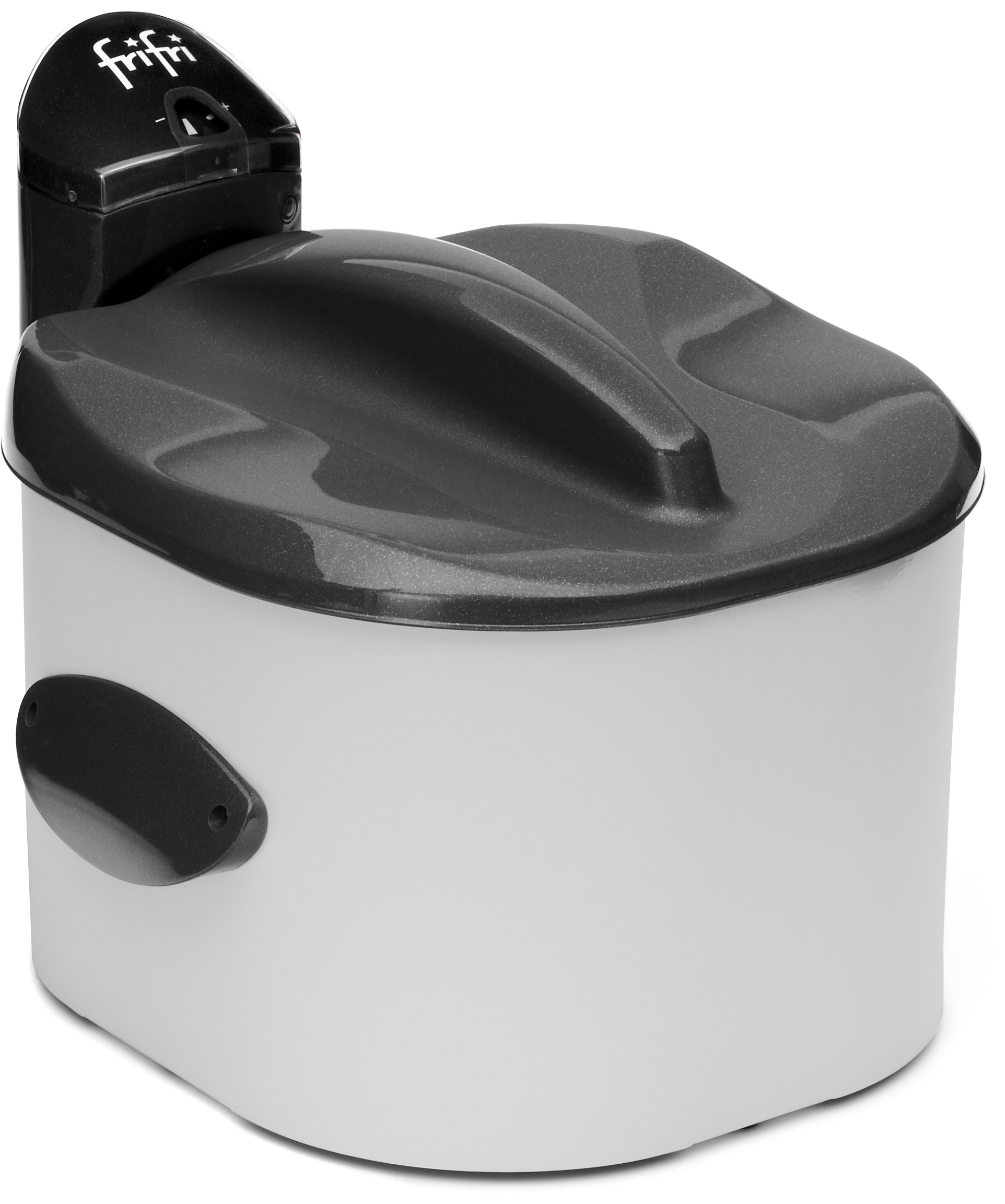 Wit en grijs toilet met een zwart deksel. De merknaam "frifi" is zichtbaar.