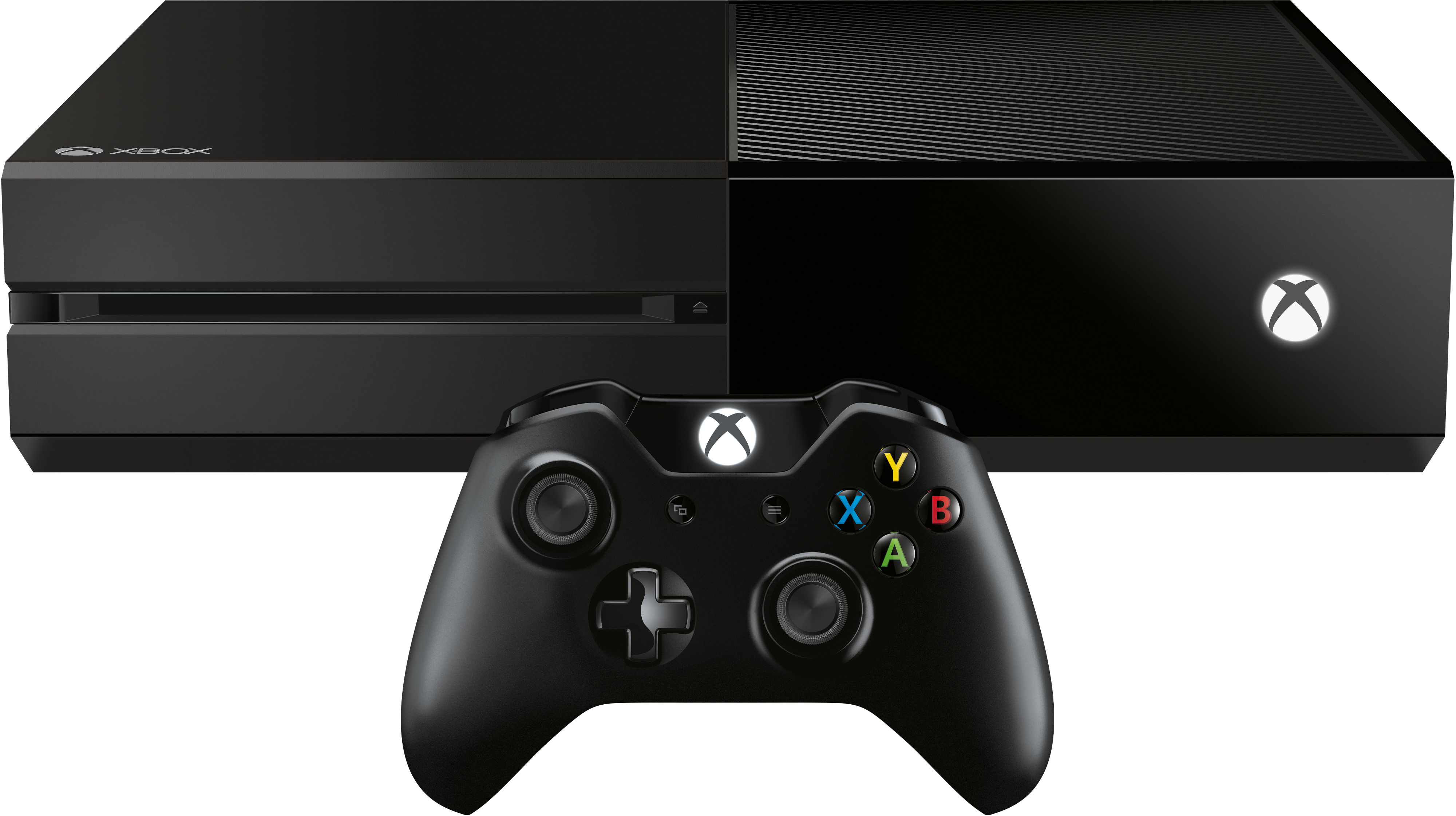 Ein schwarzes Xbox-Konsolen- und Controller-Set. Die Konsole befindet sich auf weißem Hintergrund.