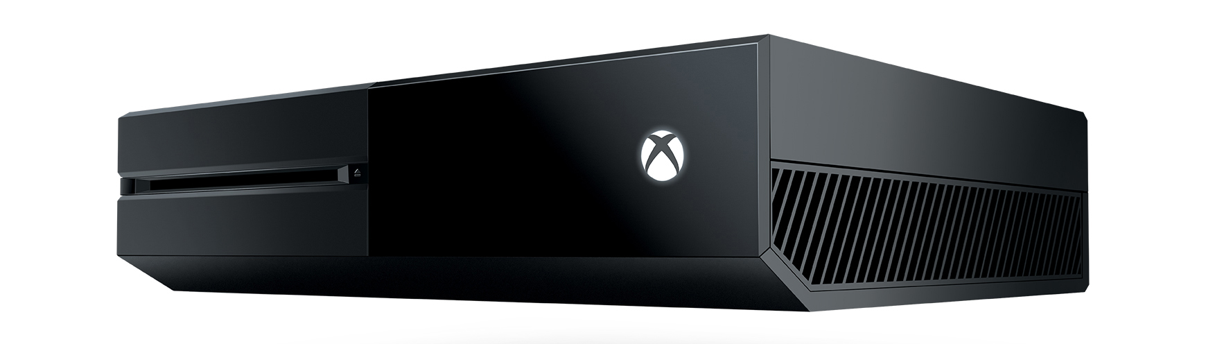 Schwarze Xbox-Konsole mit Xbox-Logo. Auf der linken Seite befindet sich ein Schlitz und auf der rechten Seite eine Lüftung. Weißer Hintergrund.