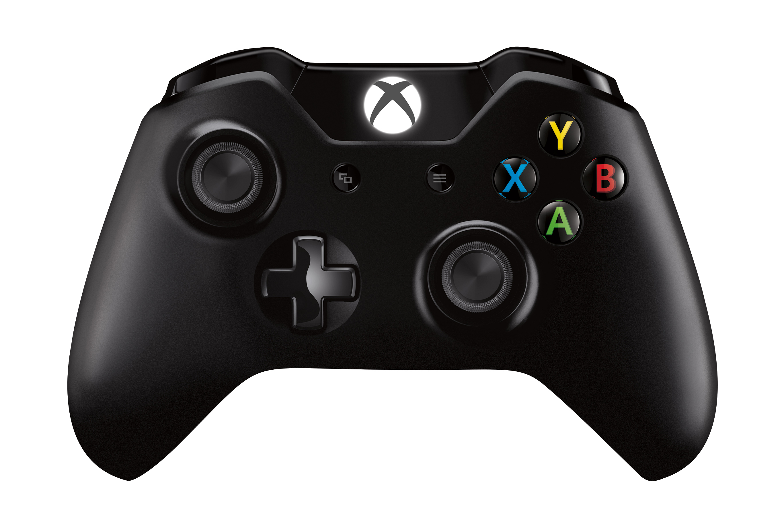 Schwarzer Xbox-Controller mit farbigen Tasten und weiß leuchtendem Logo.