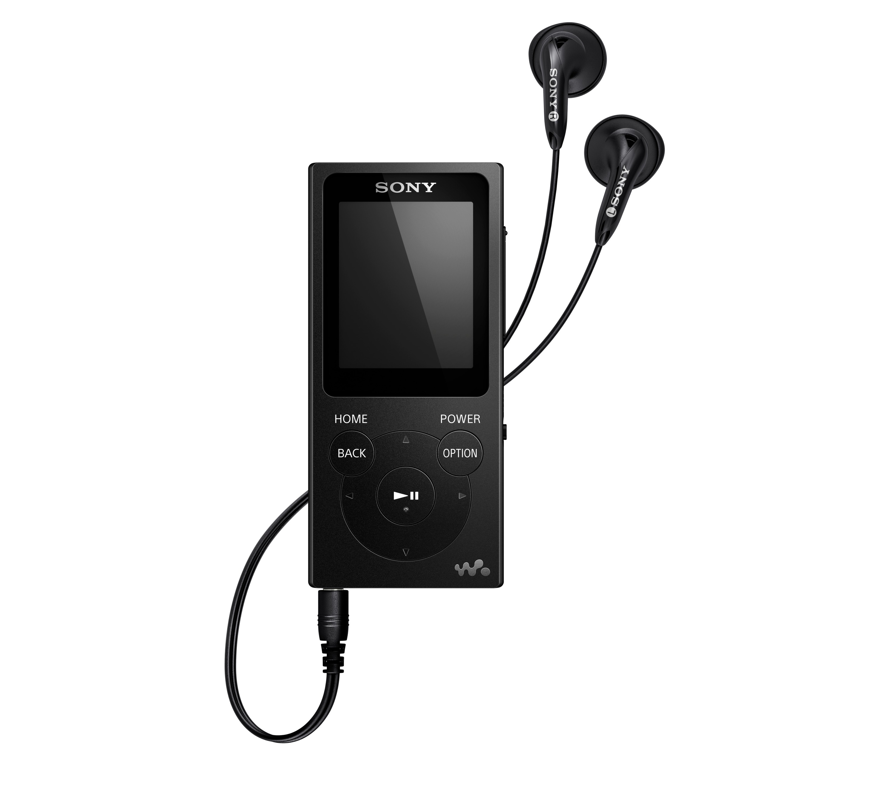 Schwarzer Sony Walkman MP3-Player mit Kopfhörern. Beschriftete Knöpfe: Home, Back, Power, Option, Play/Pause.