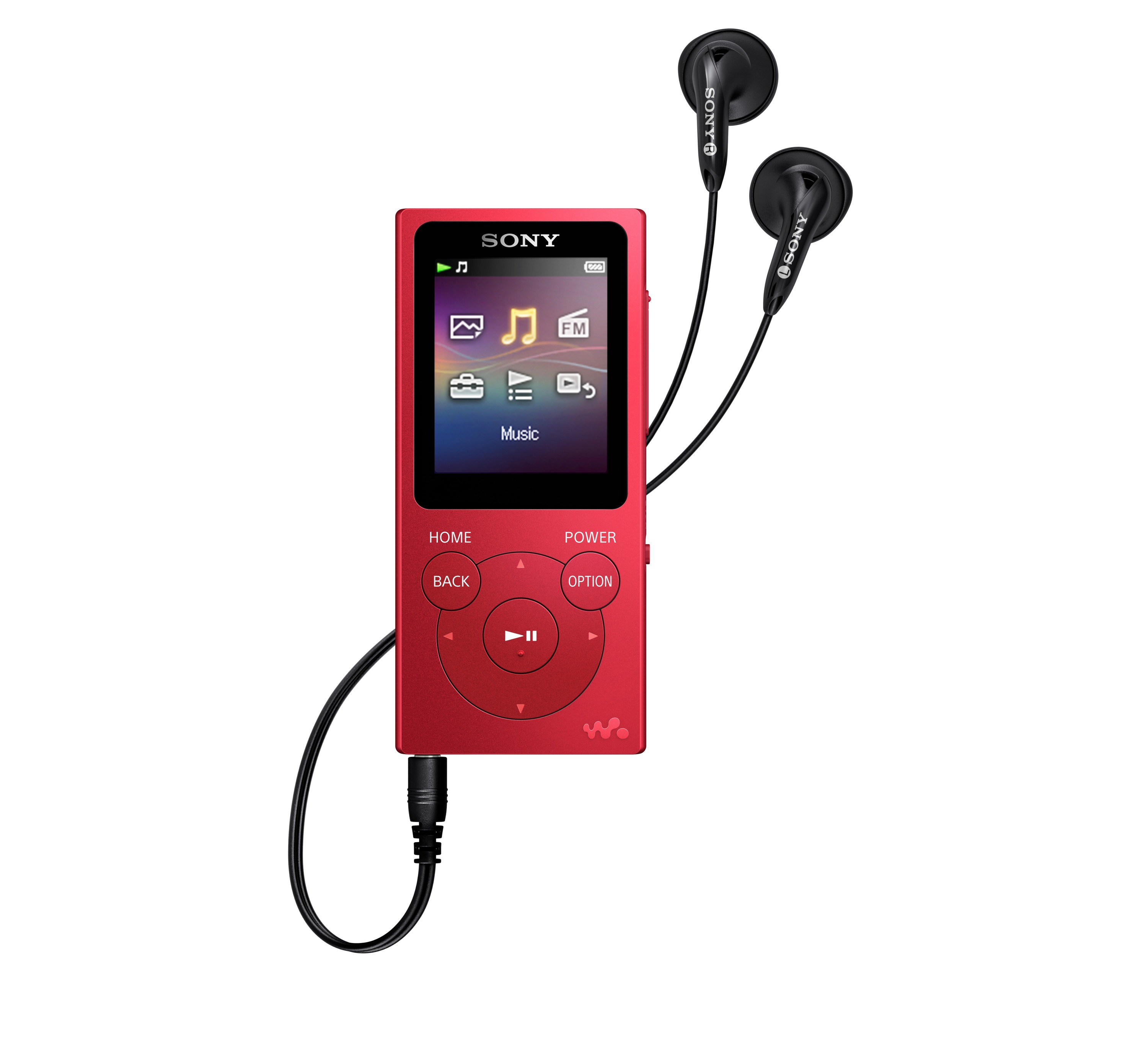 Ein roter MP3-Player mit Bildschirm und Kopfhörern. Der Bildschirm zeigt Symbole und das Wort Musik.