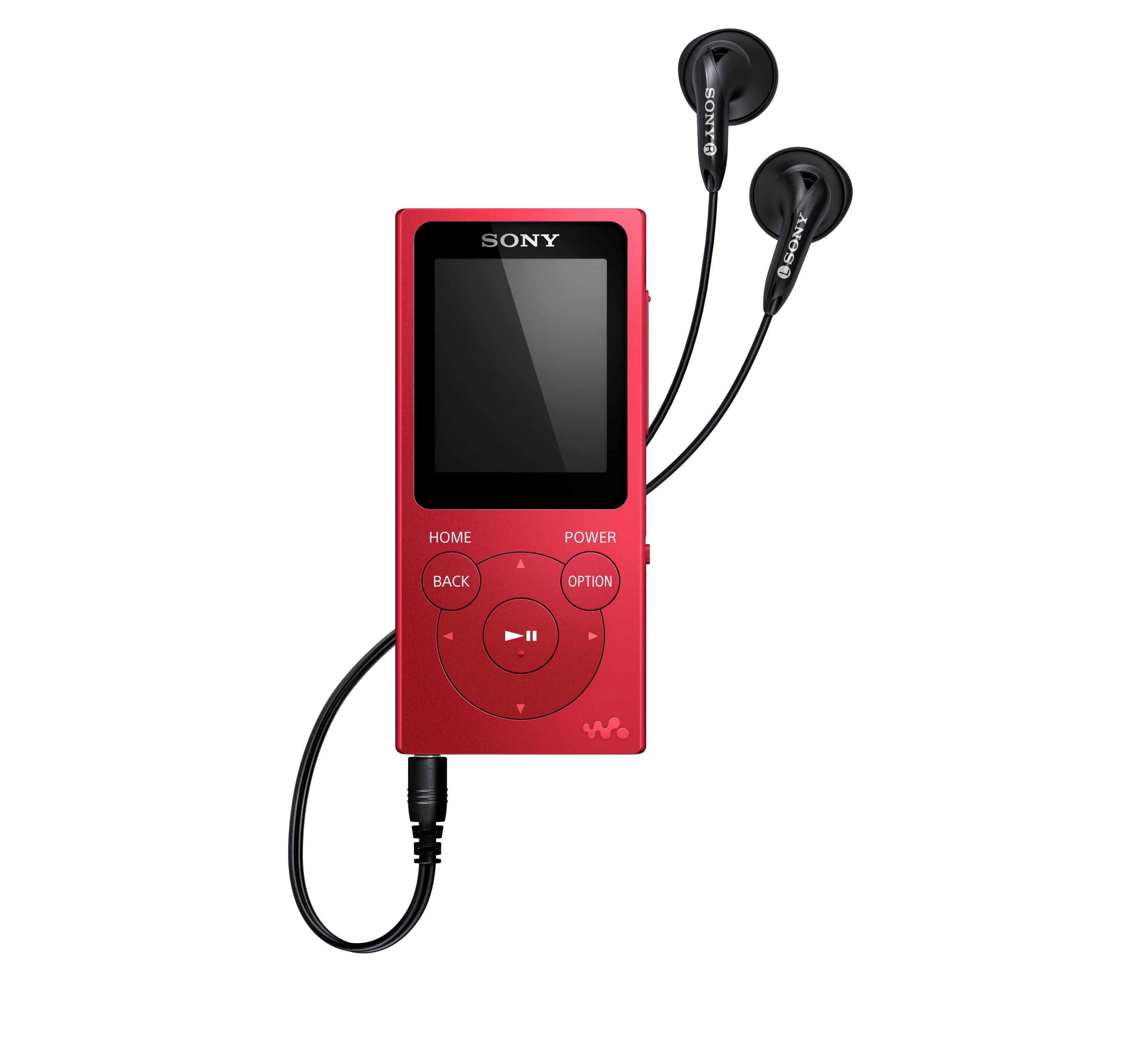 Roter Sony MP3-Player mit Ohrhörern. Tasten beschriftet: Home, Back, Power, Option. Schwarzes Kabel und Ohrhörerkabel sichtbar.