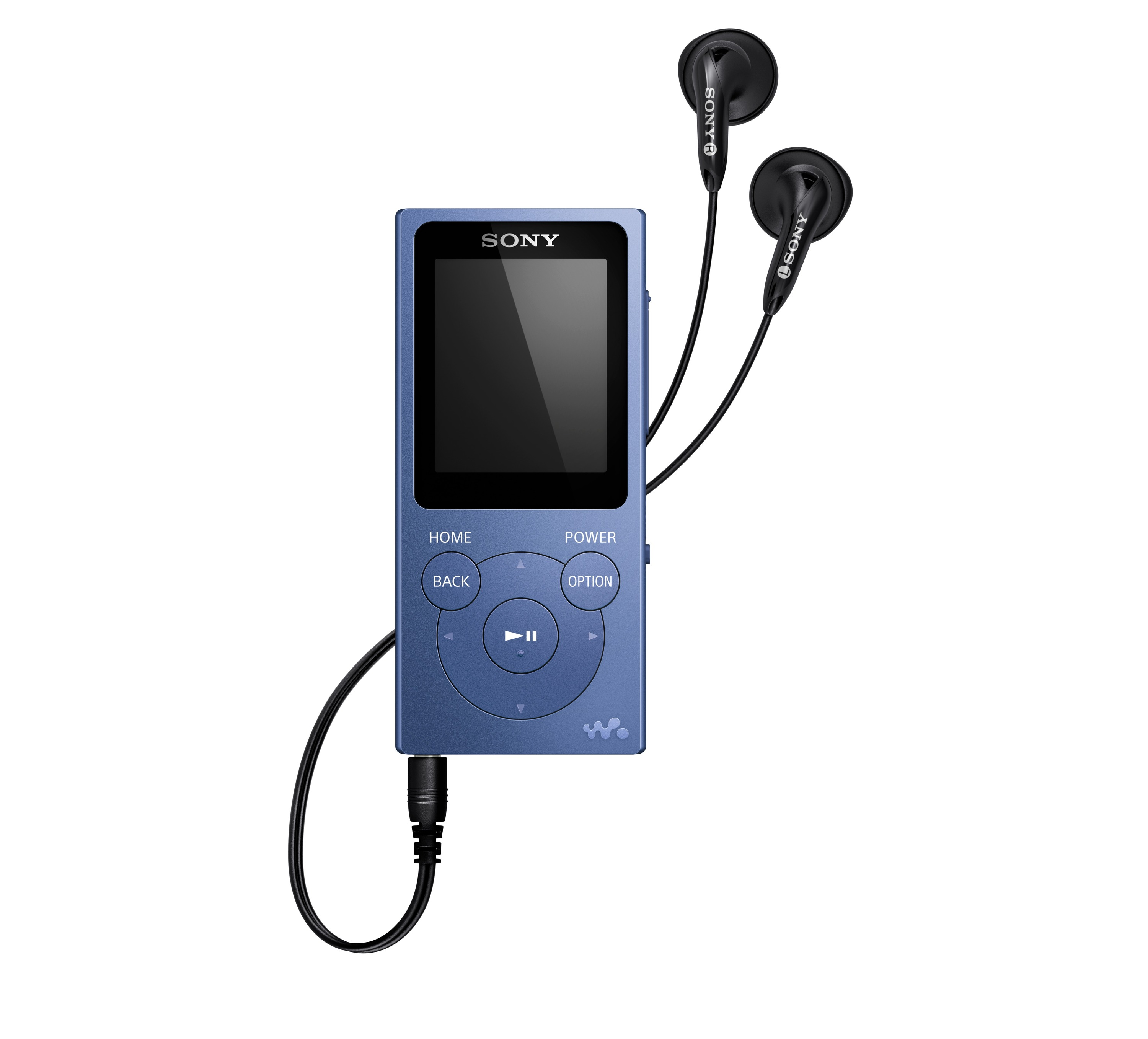 Lecteur MP3 Sony bleu avec écran, boutons et écouteurs noirs.