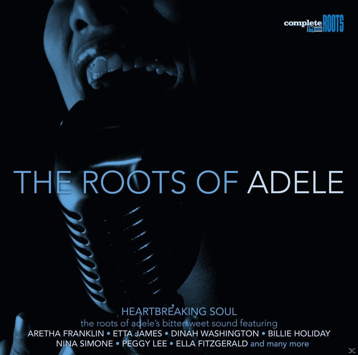 Albumcover: Mikrofon mit offenem Mund, Titel 'The Roots of Adele' in Blau.