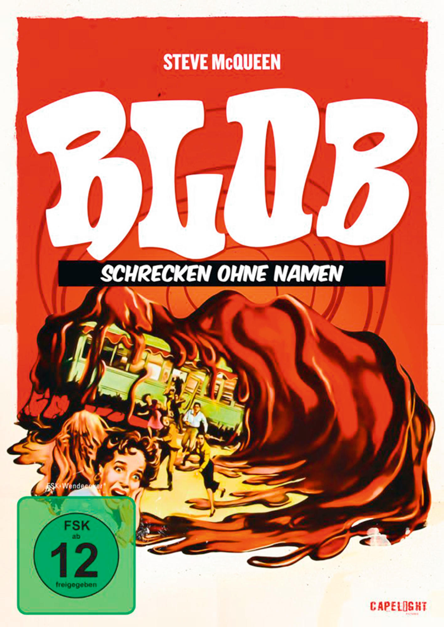 Filmposter für 'The Blob'. Ein großer roter Klecks verschlingt eine Stadt. Eine verängstigte Frau im Vordergrund.