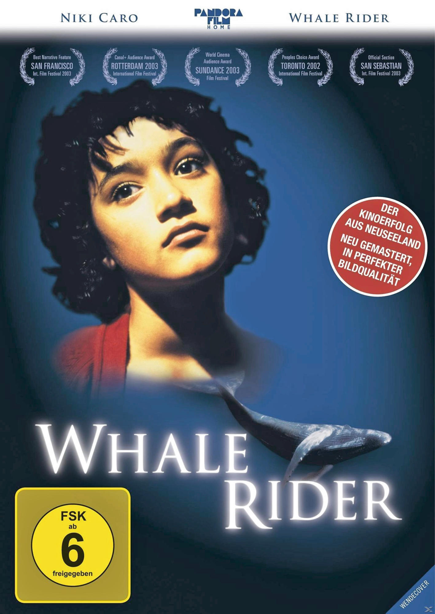 Filmcover von "Whale Rider" mit einem jungen Mädchen, einem Wal und Text.