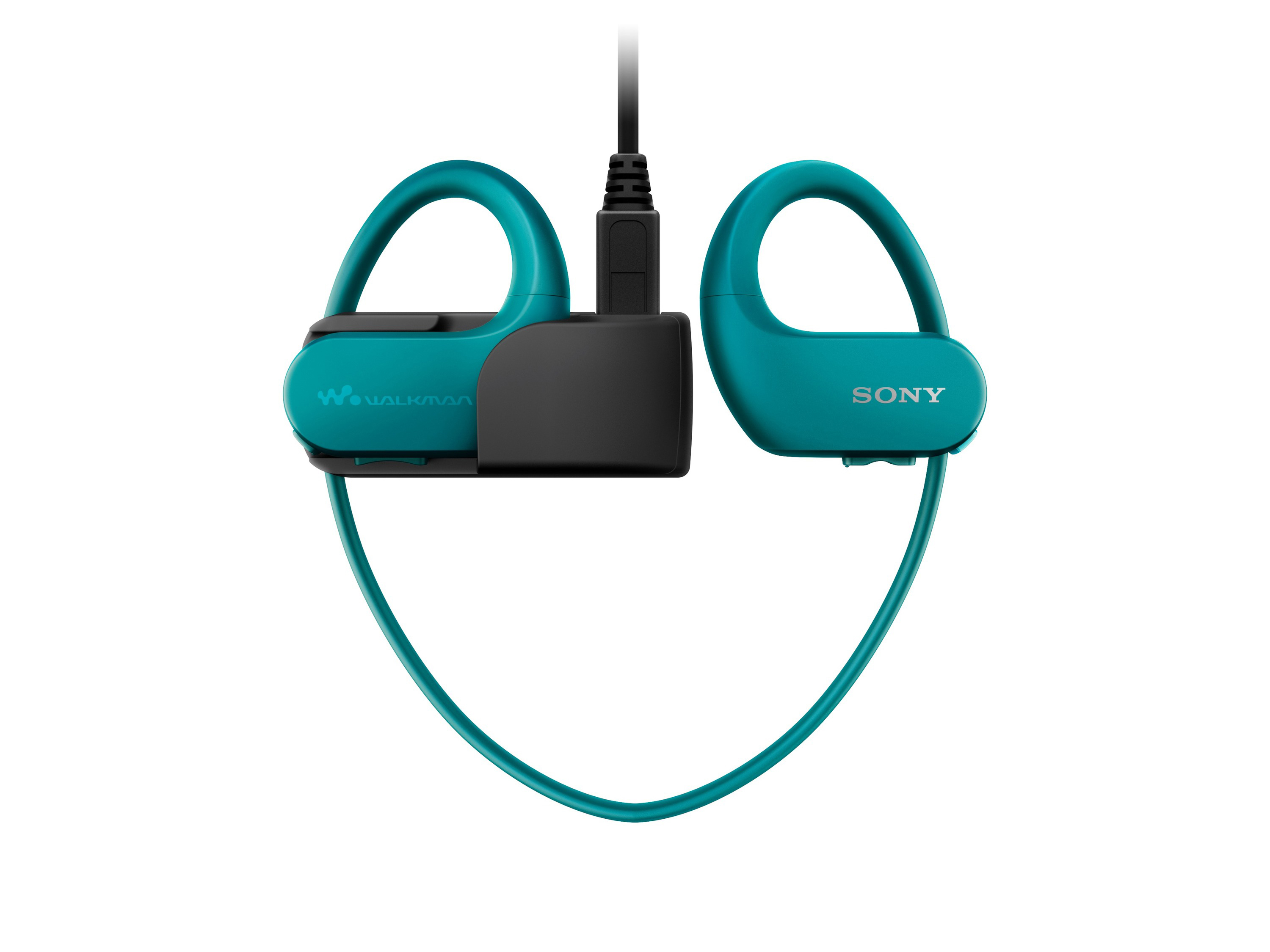 Türkisgrüne Sony Walkman-Kopfhörer mit Ladestation. Weißer Hintergrund.