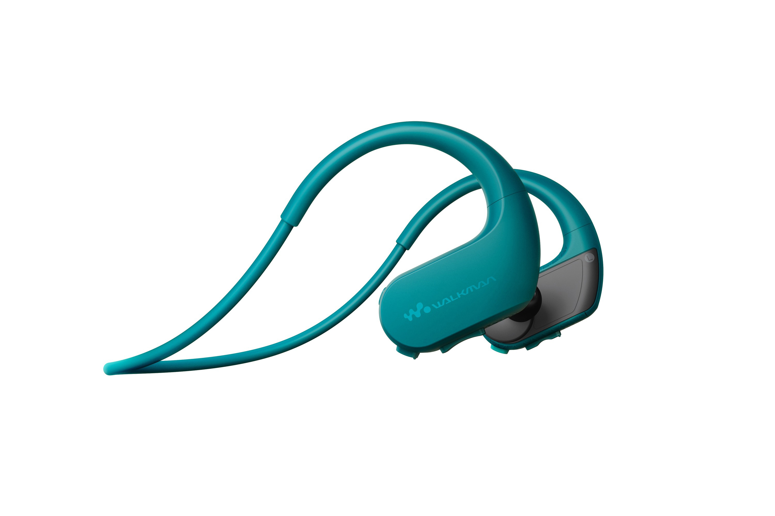 Türkisfarbene, Nackenband-Ohrhörer mit kabellosem Design, schwarz-grau. Der Markenname WALKMAN ist sichtbar.
