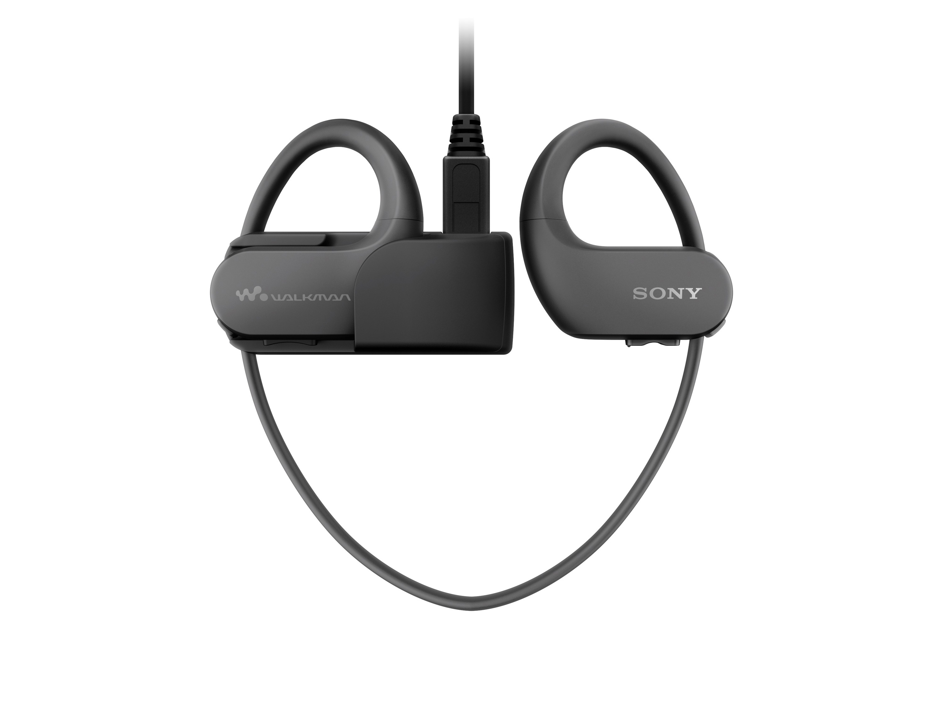 Schwarze Sony Walkman Kopfhörer. Schwarze Ladestation. Weißer Hintergrund.