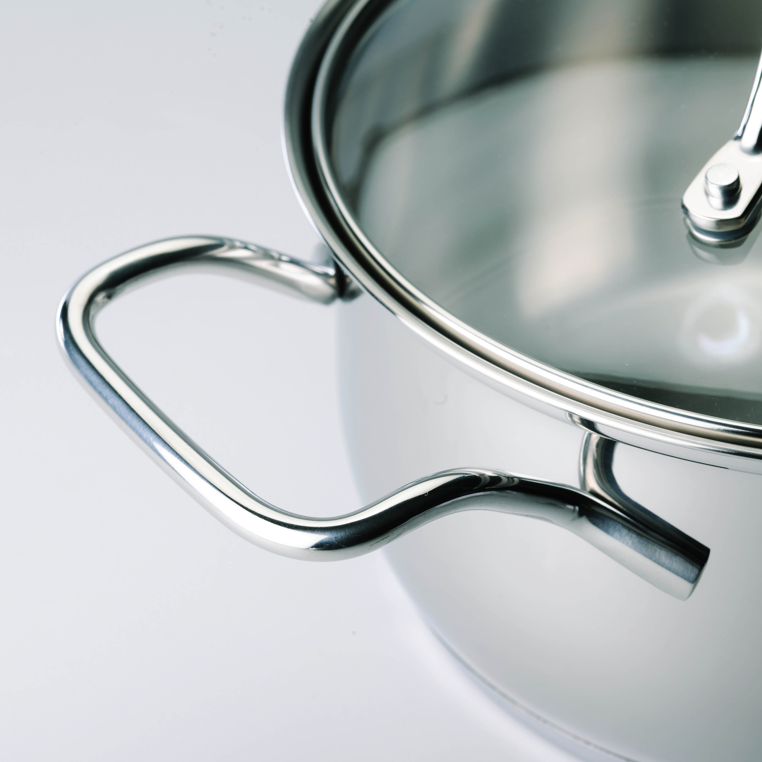 Edelstahltopf mit Griff. Deckel ist ebenfalls sichtbar. Das Bild ist nah dran.