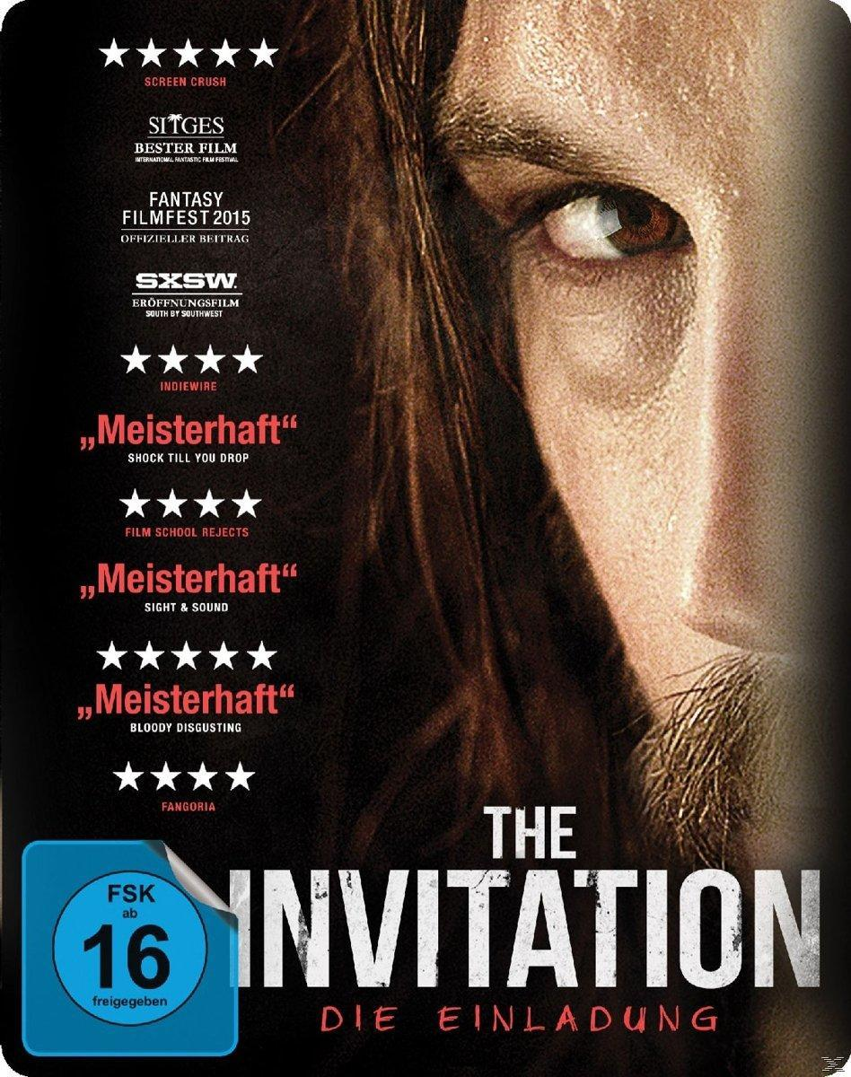 Filmplakat: The Invitation. Nahaufnahme eines Männerauges und Haares. Text: The Invitation, Die Einladung.