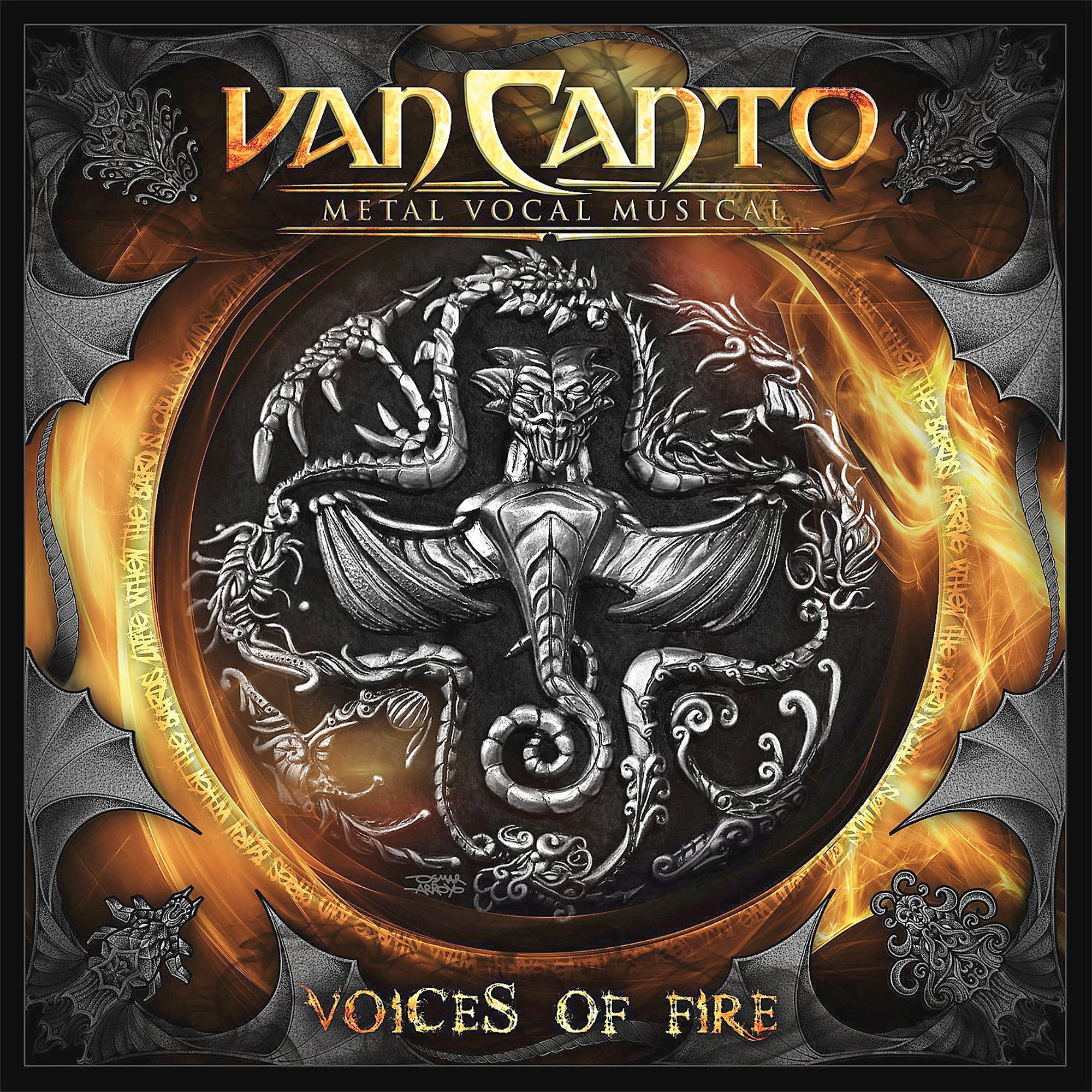 Albumcover von Van Canto 'Voices of Fire'. Kunstwerk mit drachenartigen Kreaturen in Gold und Schwarz.