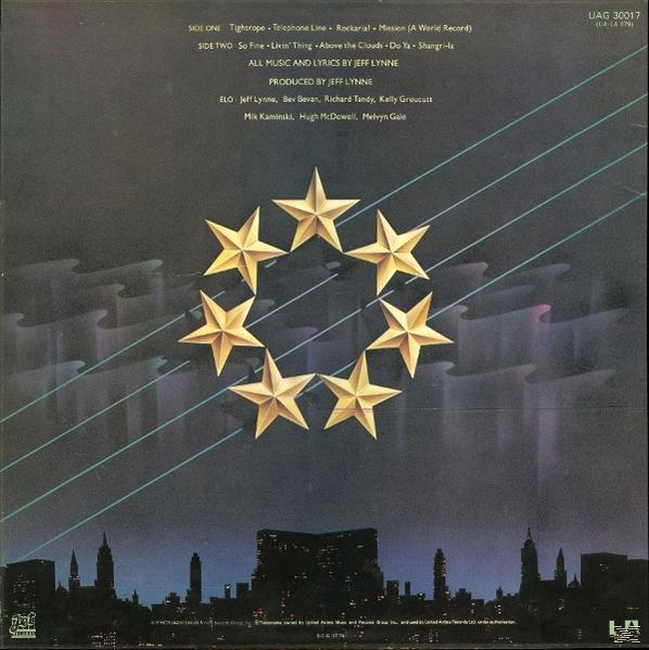 Albumcover mit goldenen Sternen im Kreis angeordnet, Songtiteln und blauem Hintergrund mit Stadtsilhouette.