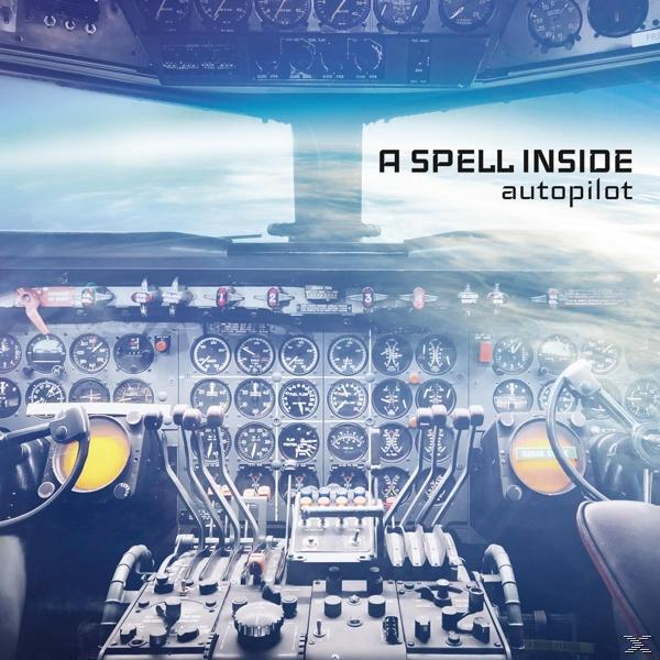 Flugzeugcockpit-Innenraum mit vielen Anzeigen, Bedienelementen und Text: 'A SPELL INSIDE autopilot'.