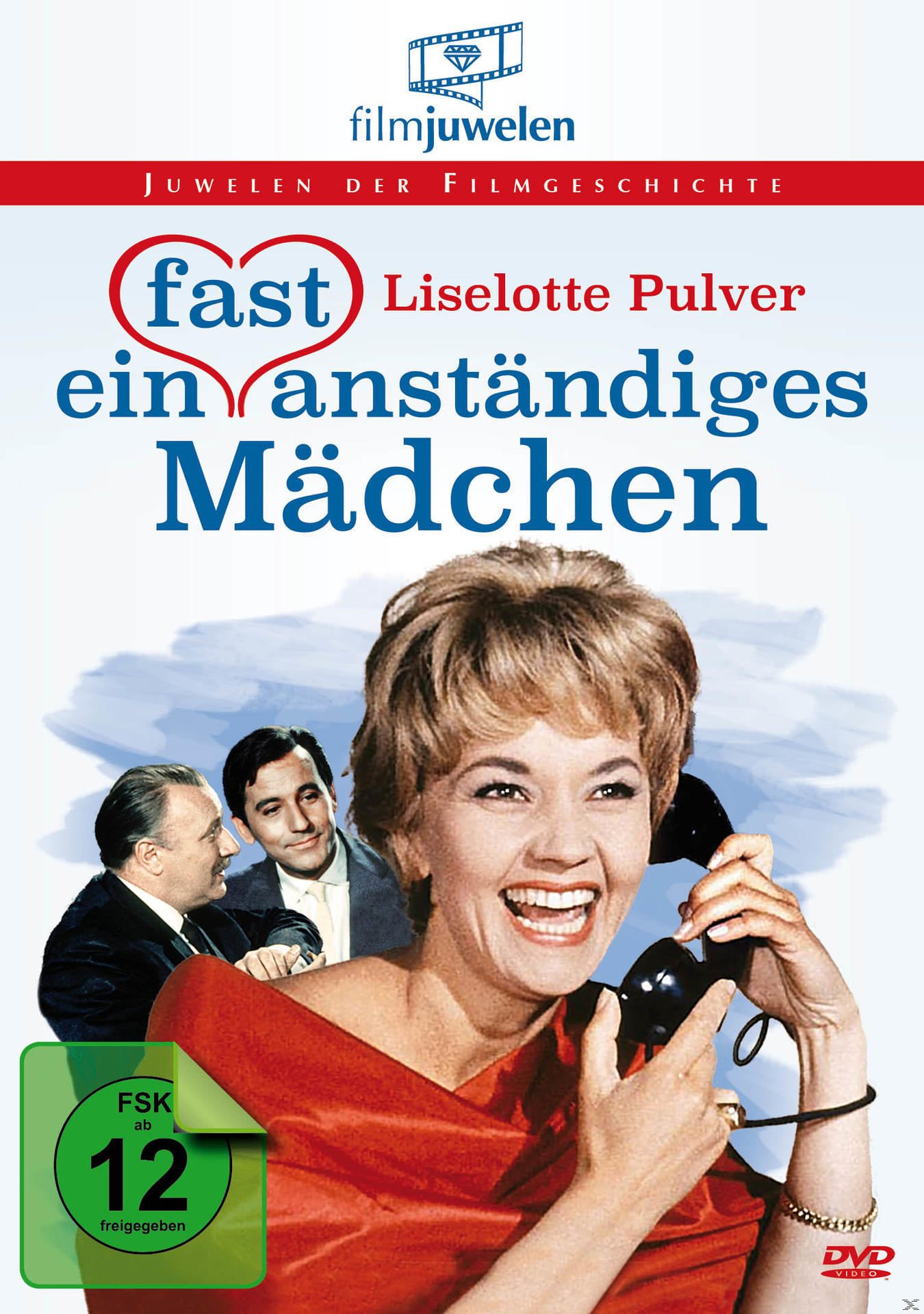 DVD-Cover: Frau telefoniert, Titel 'Ein anständiges Mädchen', mit zwei Männern im Hintergrund. FSK 12.