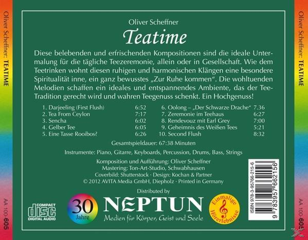 CD-Cover: Oliver Scheffner, Teatime. Grüner Hintergrund mit Text über die Teezeremonie und Trackliste.
