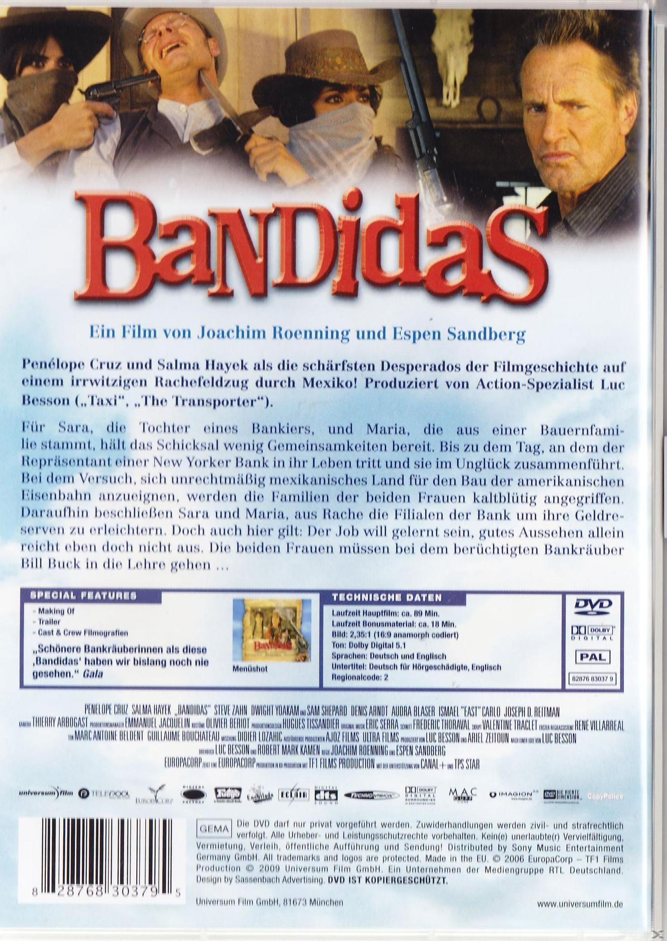 DVD-Rückseite: Bild von Cowboys, Text in mehreren Sprachen. Titel: Bandidas.