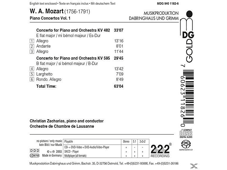 Thumbnail - Christian/ocl Zacharias - Klavierkonzerte Vol.1 22/KV 482+27/KV 595 (SACD Hybrid)