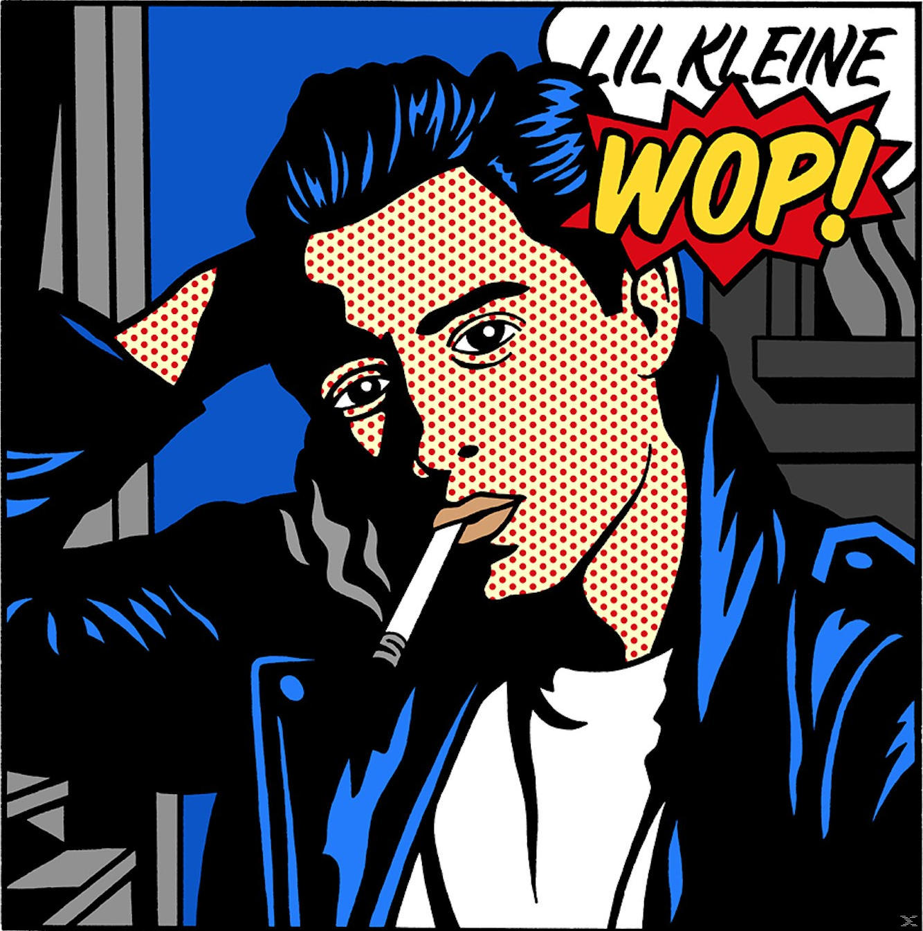 Image pop art d'un homme fumant, avec une bulle de dialogue disant 'WOP!'