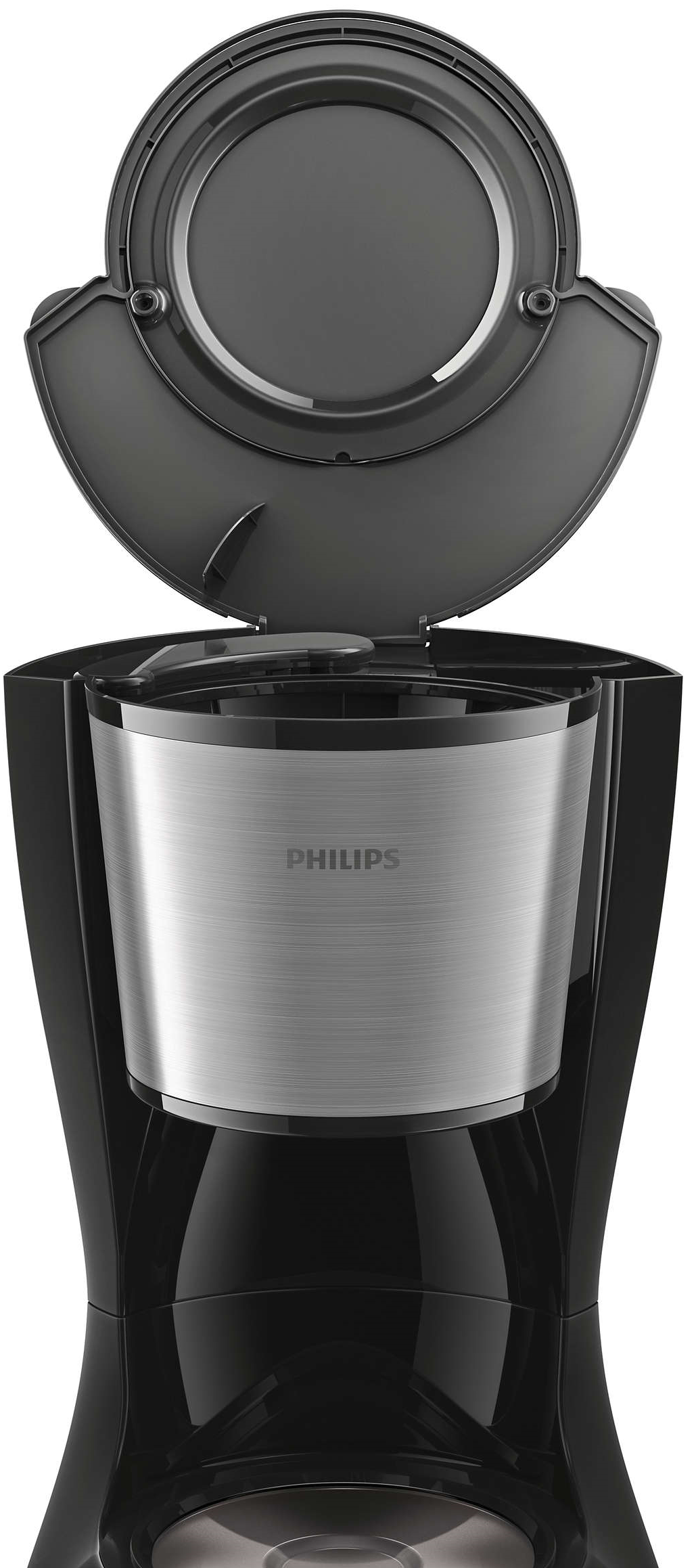 Black and silver coffee maker, open. It has a silver container with the word 'PHILIPS' on it.