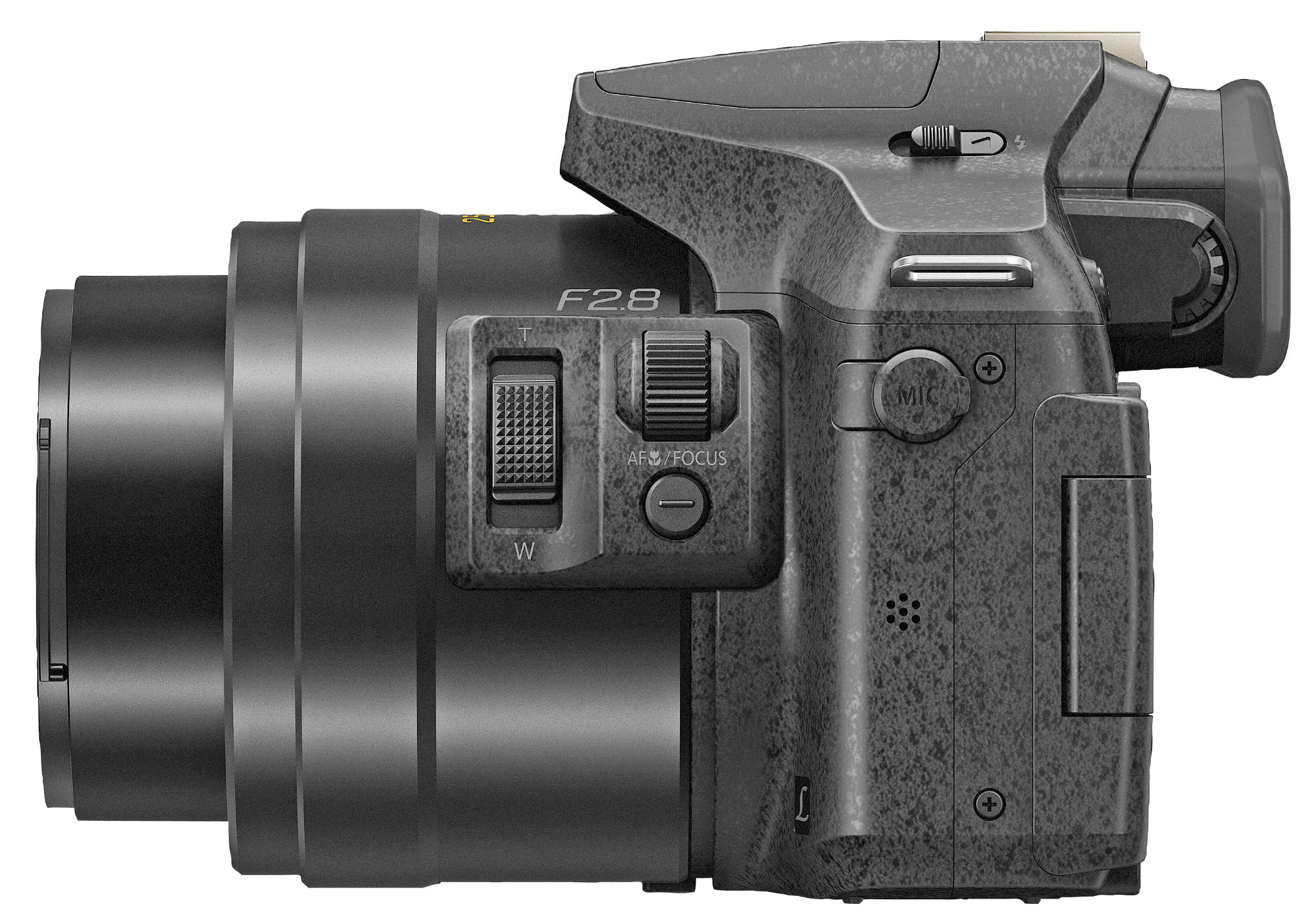 Fotocamera grigio scuro con obiettivo e pulsanti.