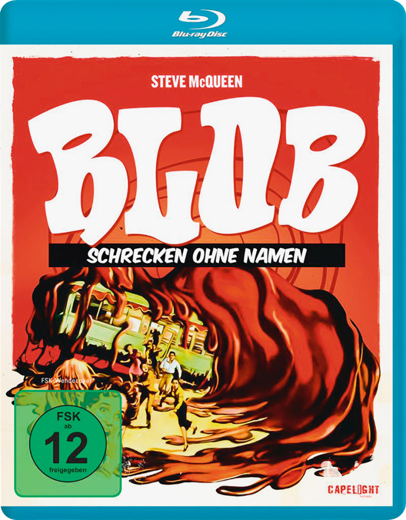 Filmplakat von 'Blob'. Ein roter Blob verschlingt eine Stadt, Menschen rennen. Steve McQueens Name oben.