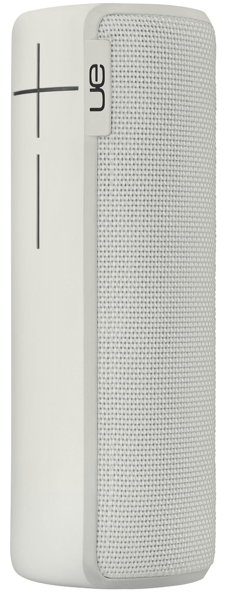 Un altavoz blanco Ultimate Ears. Tiene una forma larga y cilíndrica con una superficie de altavoz de malla.