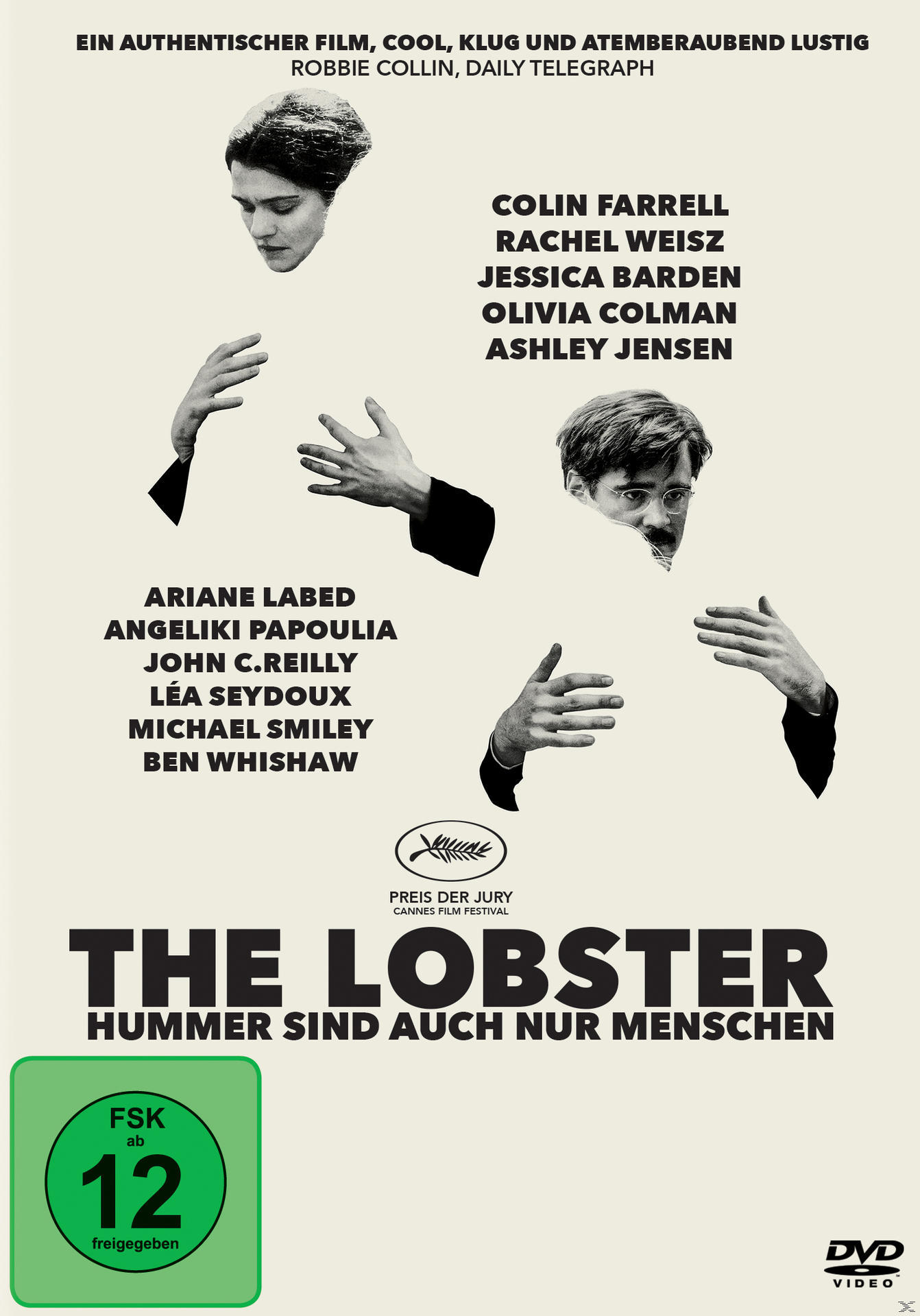 The Lobster DVD-Cover. Namen der Schauspieler, Filmtitel und eine grüne Box mit Text.