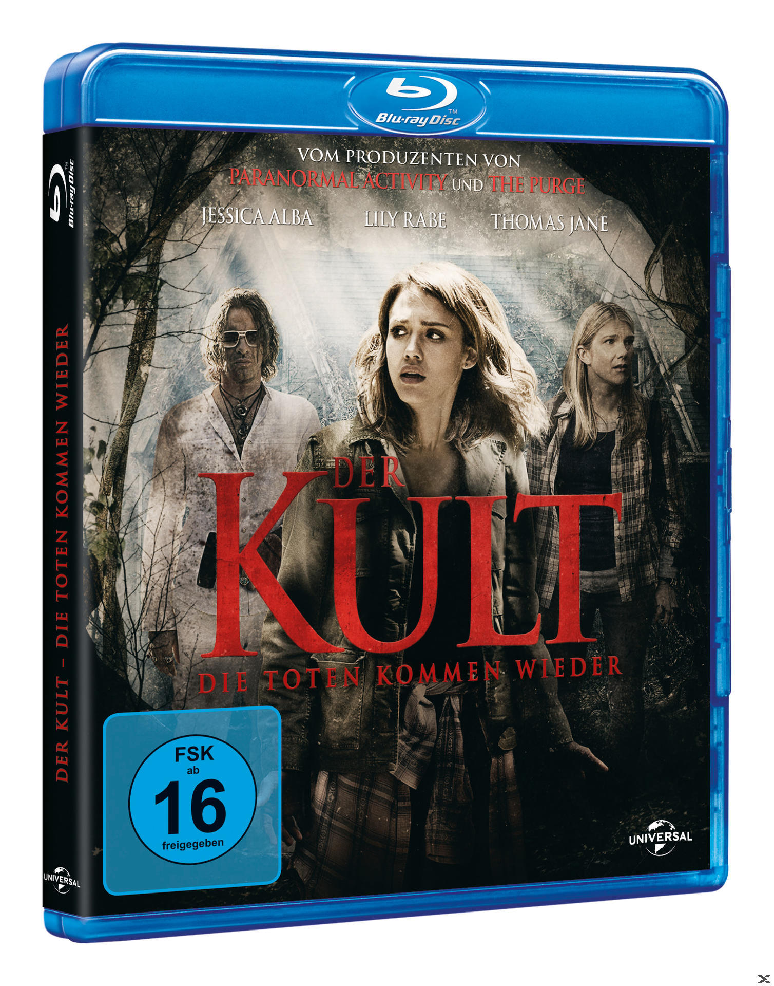 Blu-ray-Cover für den Film Der Kult. Zeigt drei Schauspieler in einer dunklen Waldkulisse.