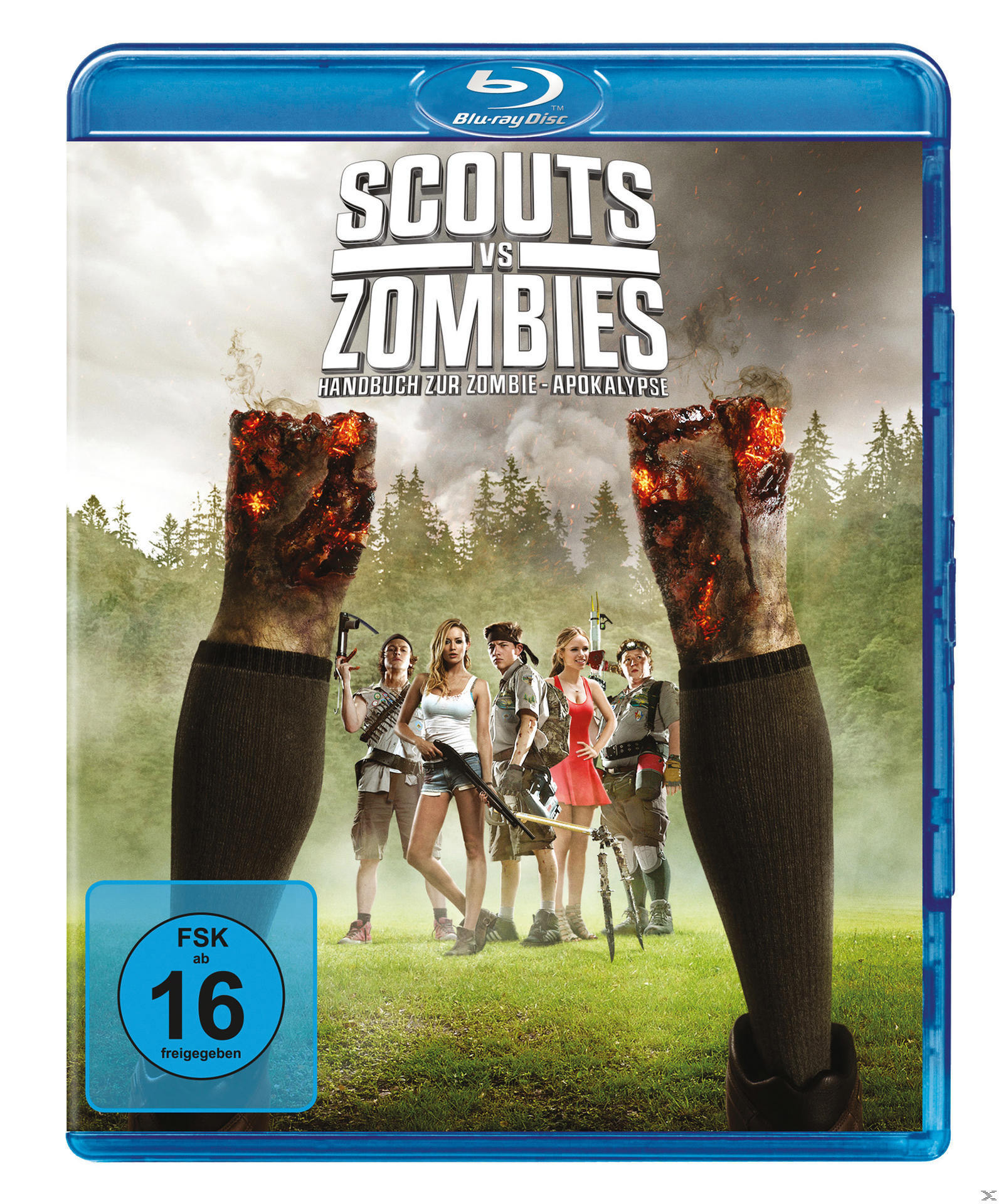 Blu-ray-Disc-Cover mit einer Gruppe von Pfadfindern und Zombies. Waldhintergrund.