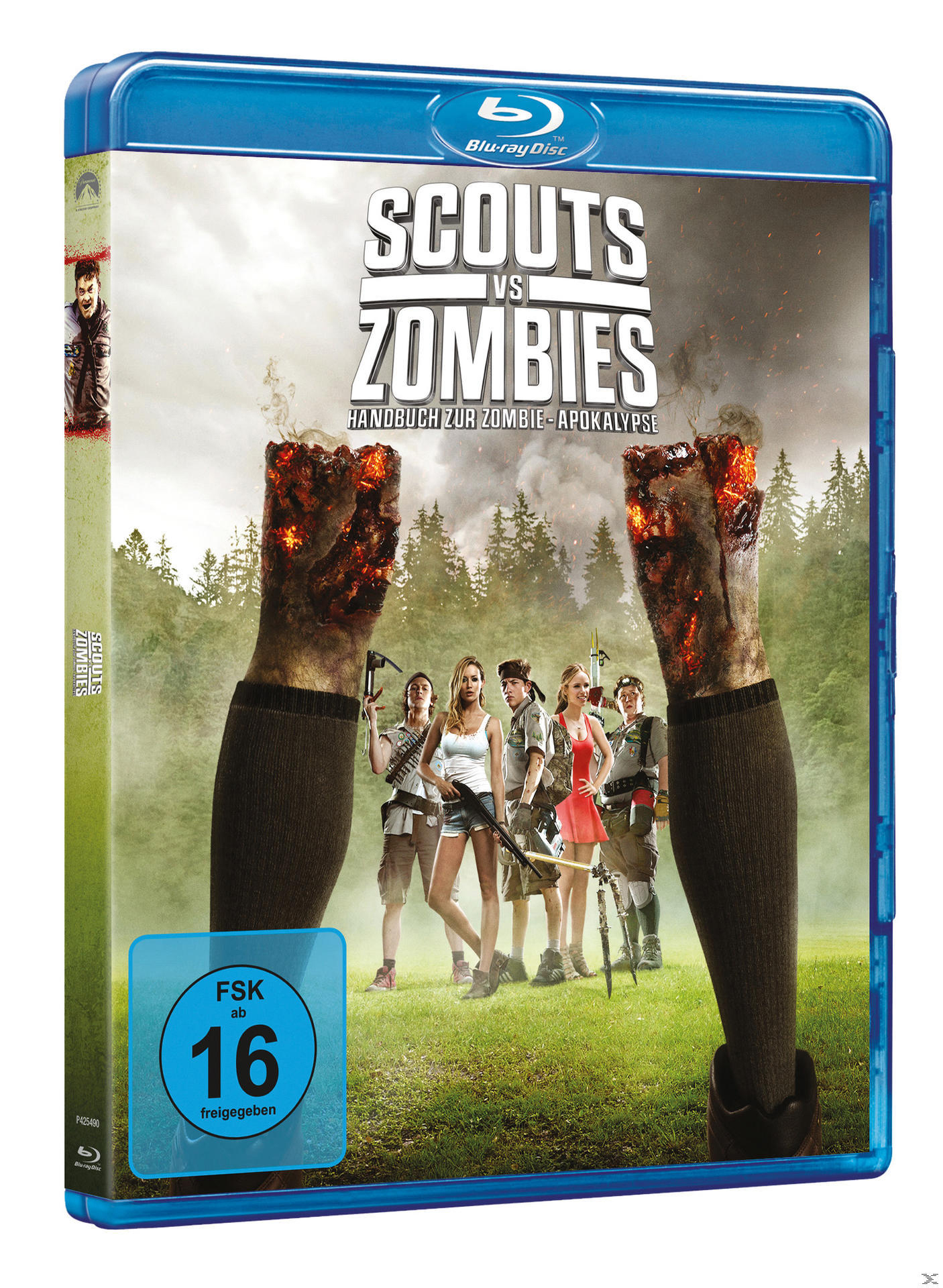 Blu-ray-Cover. Titel: Scouts vs Zombies. Bild: Pfadfinder mit Waffen, Zombies mit verbrannten Beinen.