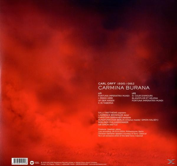 Rotes Albumcover mit weißem Text. Listet Songs und Credits auf. Titel: Carmina Burana.