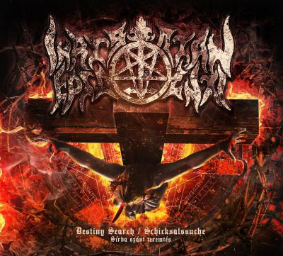 Album borító. Metal zenekar logója a tűzben, figura a kereszten. Cím: Destiny Search.