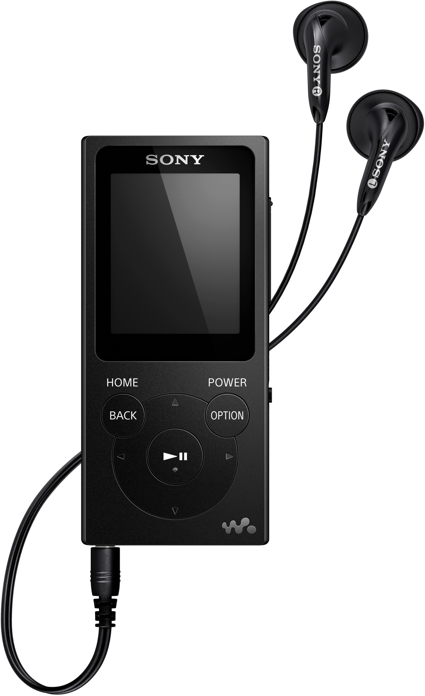 Schwarzer Sony MP3-Player mit Bildschirm, Tasten und angeschlossenen Ohrhörern.