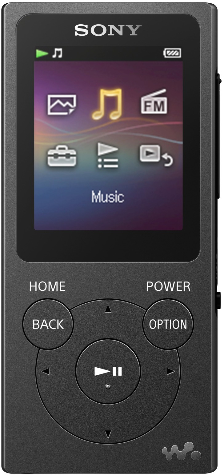 Schwarzer Sony MP3-Player mit Farbbildschirm. Zeigt Musikoptionen an.