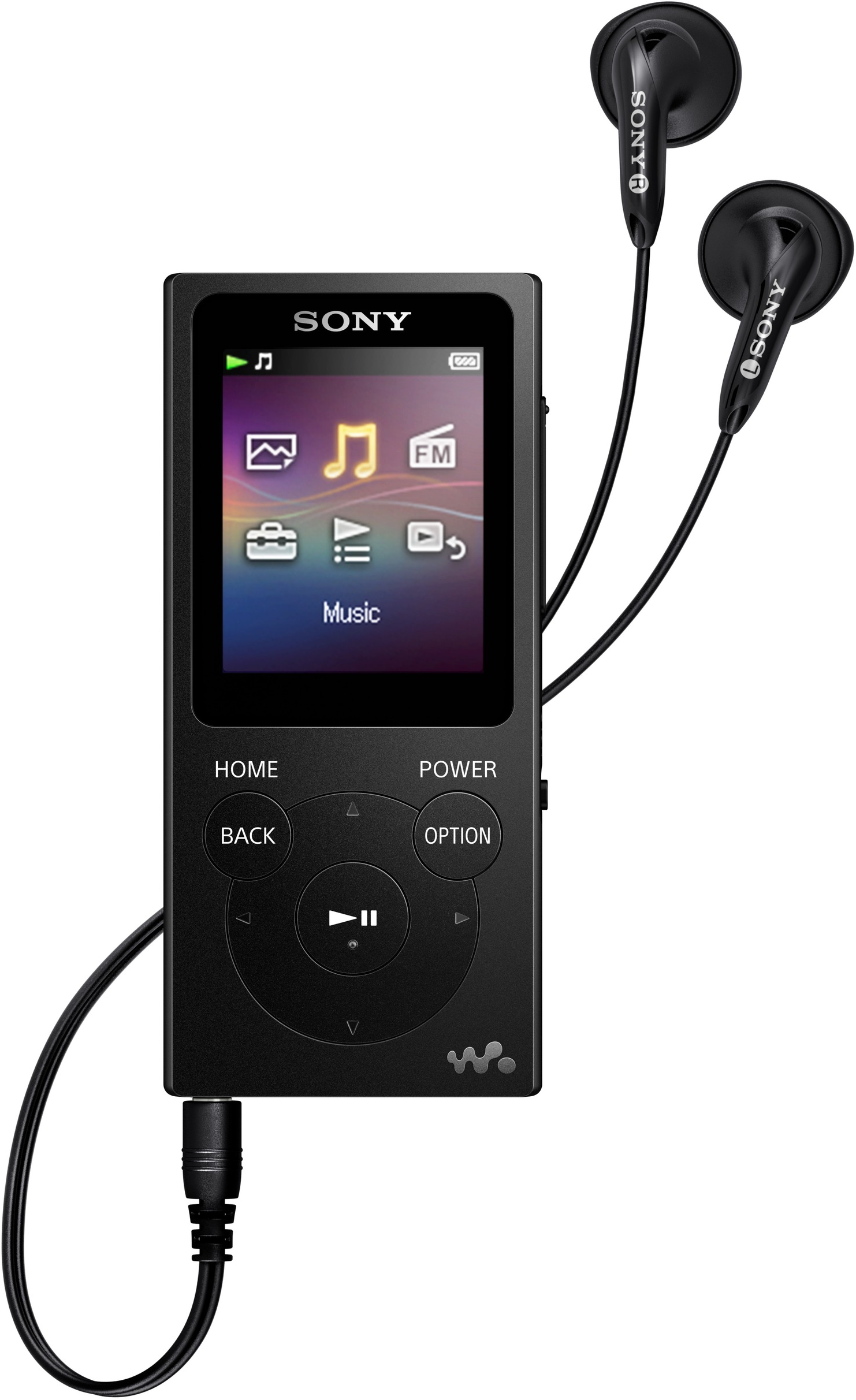 Schwarzer MP3-Player und Ohrhörer. Das Sony-Logo ist sichtbar. Schwarzer Hintergrund.