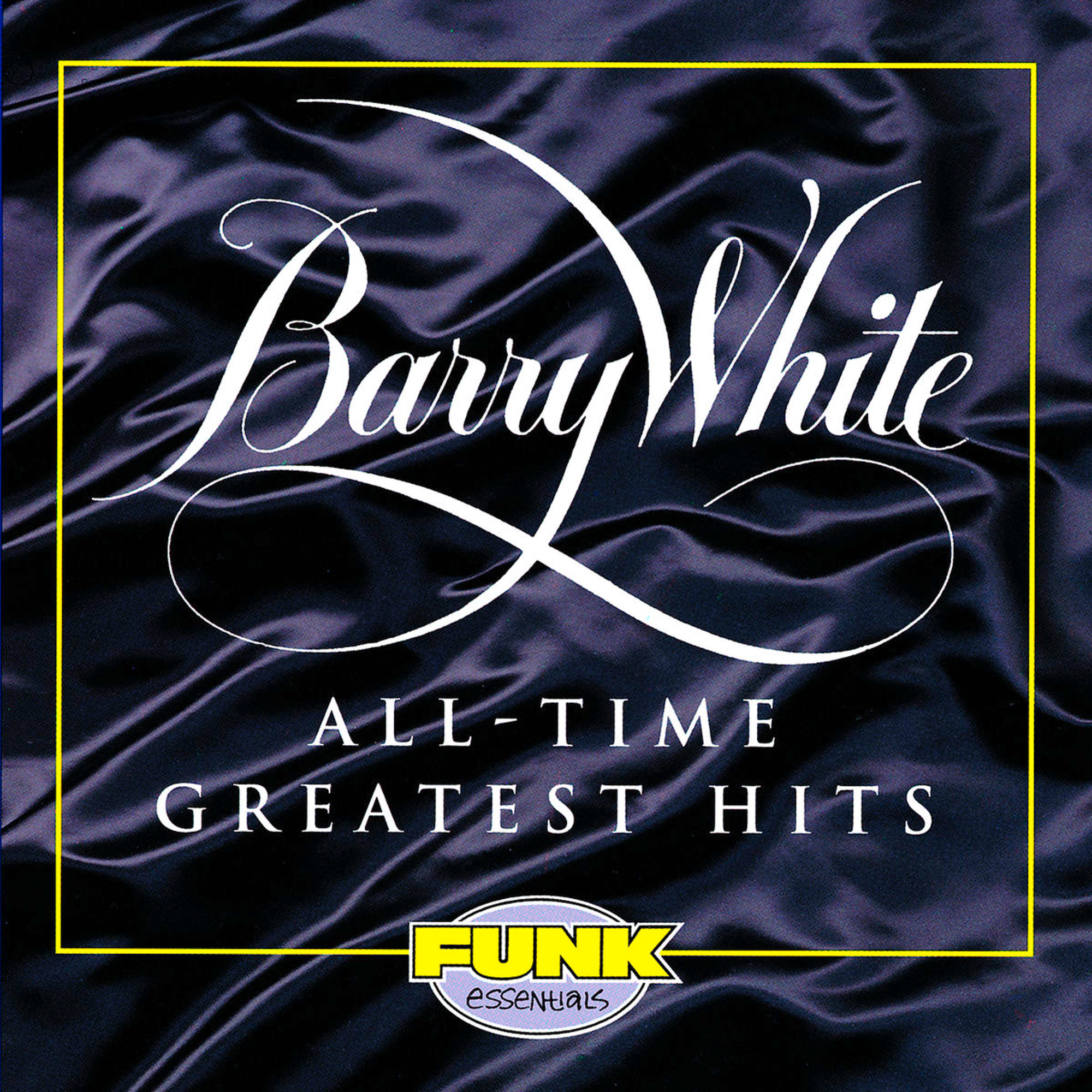 Albumhoes van Barry White's "All-Time Greatest Hits", witte tekst op donkere stof.
