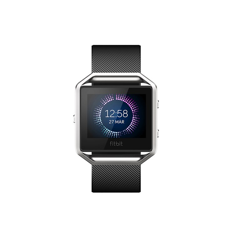 Schwarze Fitbit-Uhr mit schwarzem Armband. Der Bildschirm zeigt Uhrzeit und Datum mit farbenfrohem Design.