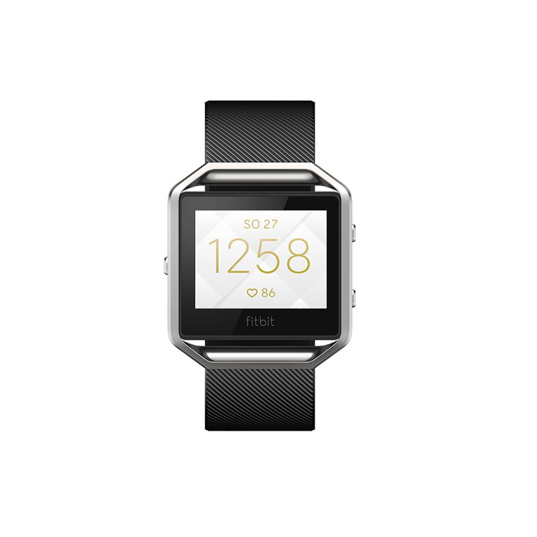 Schwarze und silberne Smartwatch mit digitalem Display.